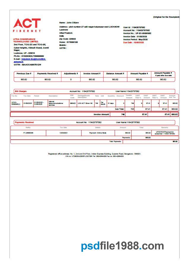 India ACT Fibernet Utility Bill